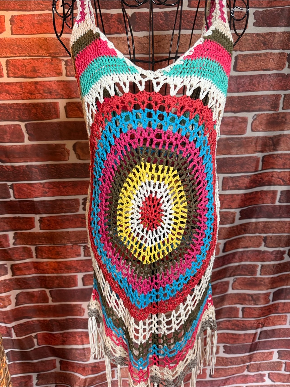 👚 Super Airy, Fringed Crocheted Cover-Up Beach Dress | Sz OS / Q - Picture 2 of 5
